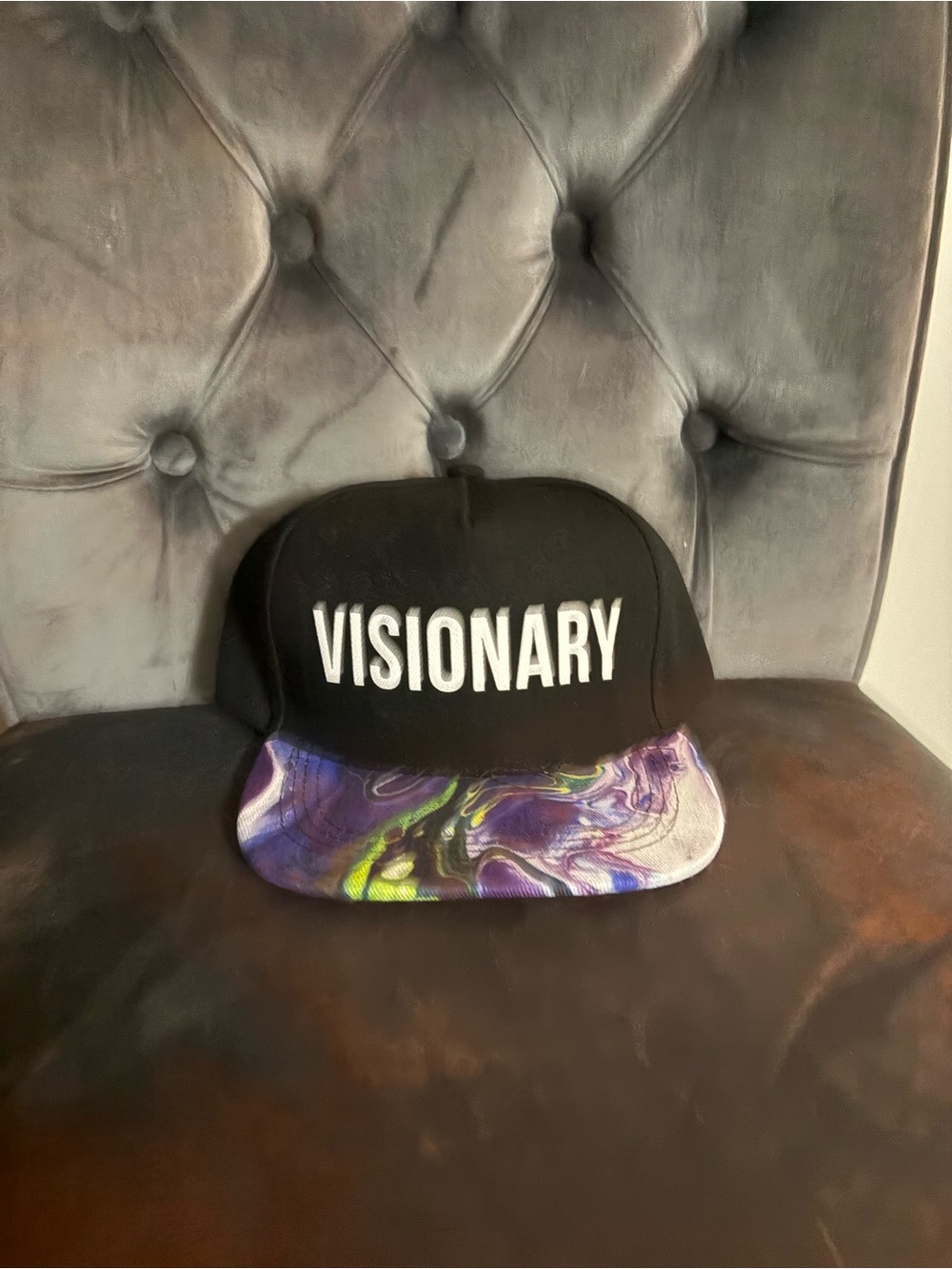 Visionary Black Snapback Hat with Purple Marble Brim